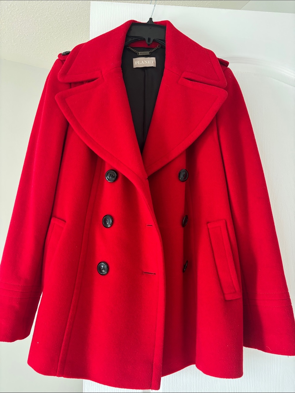 Planet Red Double-Breasted Wool Blend Pea Coat